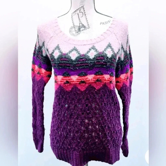 American Eagle Sweater Fair Isle Crew Neck wool blend Purple Orange Pinks Size L - Picture 4 of 13